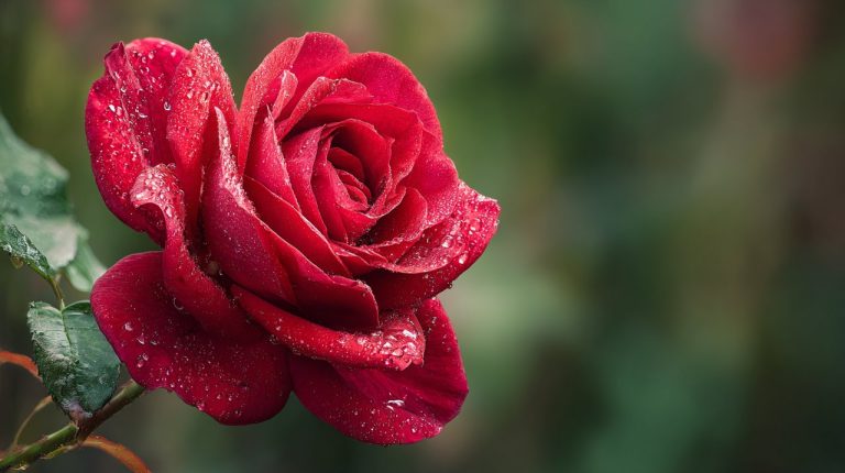A vibrant red modern monthly rose with delicate dew drops on its petals.