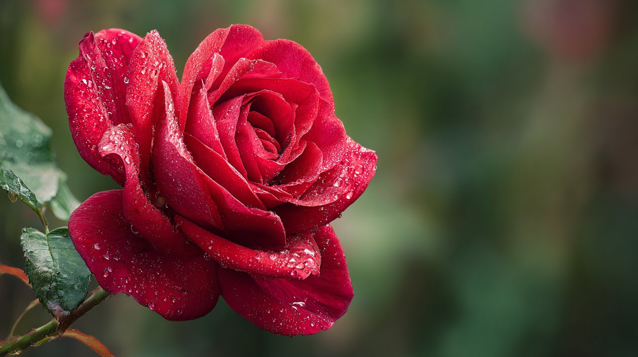 A vibrant red modern monthly rose with delicate dew drops on its petals.