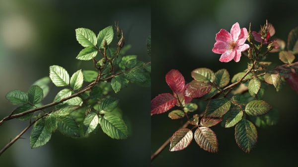 Side-by-side comparison of monthly rose and traditional rose leaves and stems.