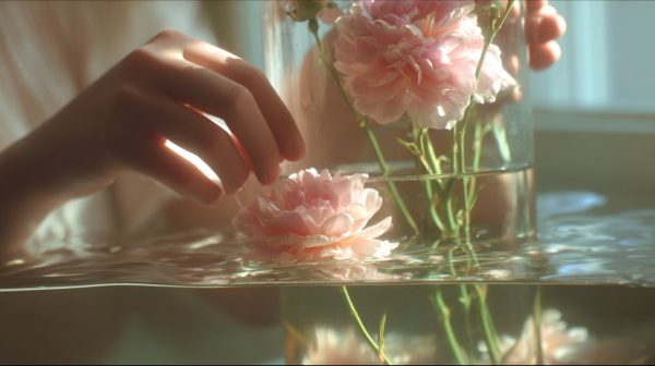 Hands trimming a rose stem in water.
