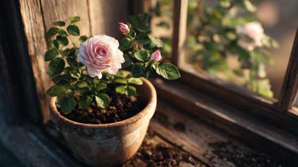 A healthy potted rose with bud and bloom.