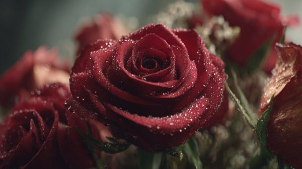 A vibrant red rose bouquet and a wilting rose.