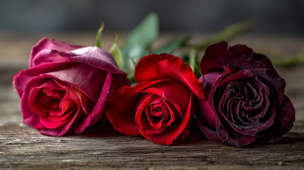 Red roses in various shades, from deep crimson to vibrant scarlet.