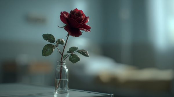 A single red rose placed thoughtfully on a hospital bedside table.