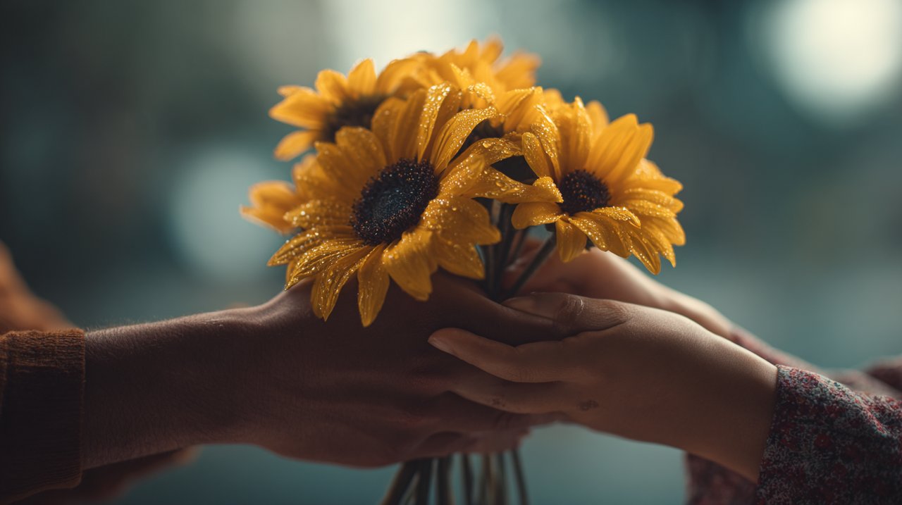 A close-up of hands exchanging a sunflower bouquet.
