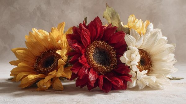 A collection of different colored sunflowers.