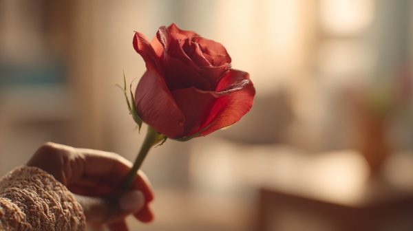 A thoughtful hand offering a single rose, symbolizing sincere connection.