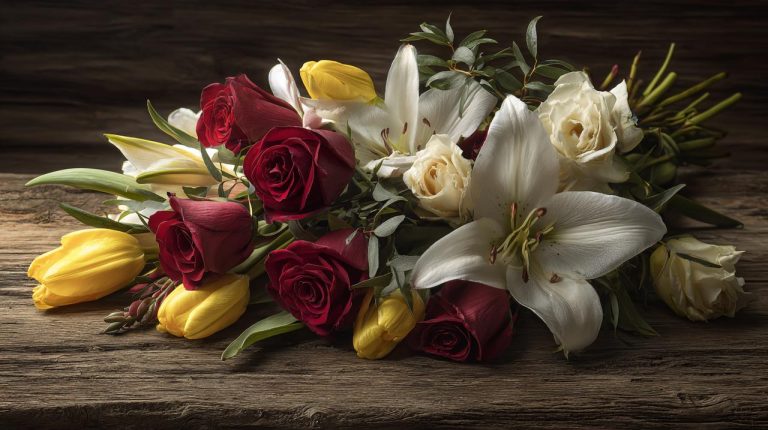 A rustic yet elegant bouquet with roses, lilies, and tulips.