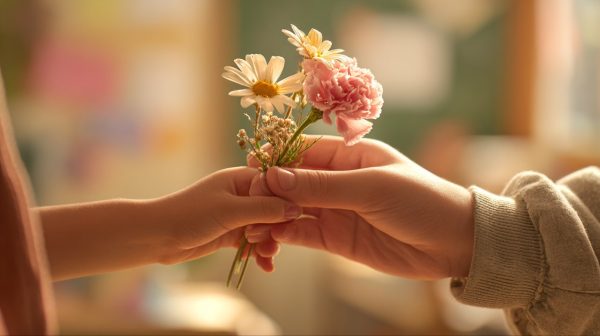A child's hand offering a bouquet of flowers to an adult's hand.