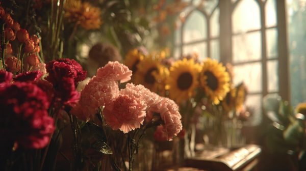 A beautiful display of fresh flowers in a charming flower shop.