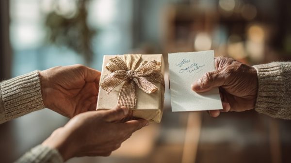 Two hands exchanging a small gift and a card, symbolizing connection.
