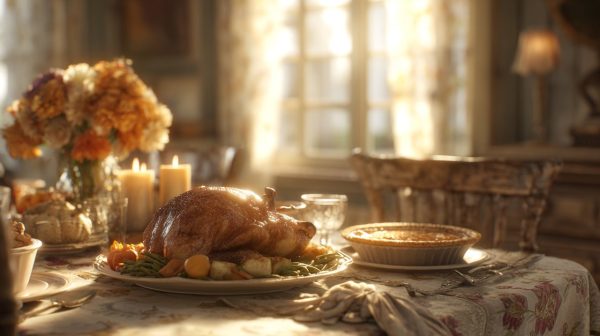 A traditional Thanksgiving feast table.