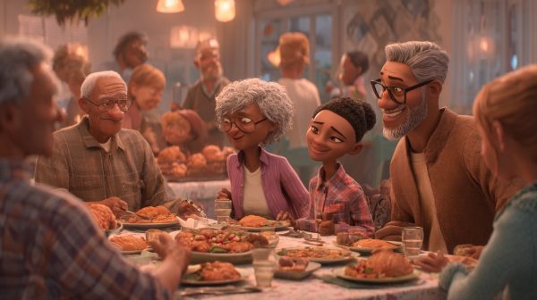 Diverse families celebrating gratitude and community.