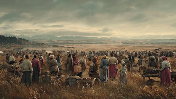 Historical depiction of early North American harvest.