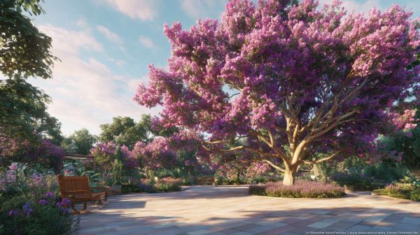 A serene garden scene with a flourishing Crape Myrtle tree, enhancing the environment.