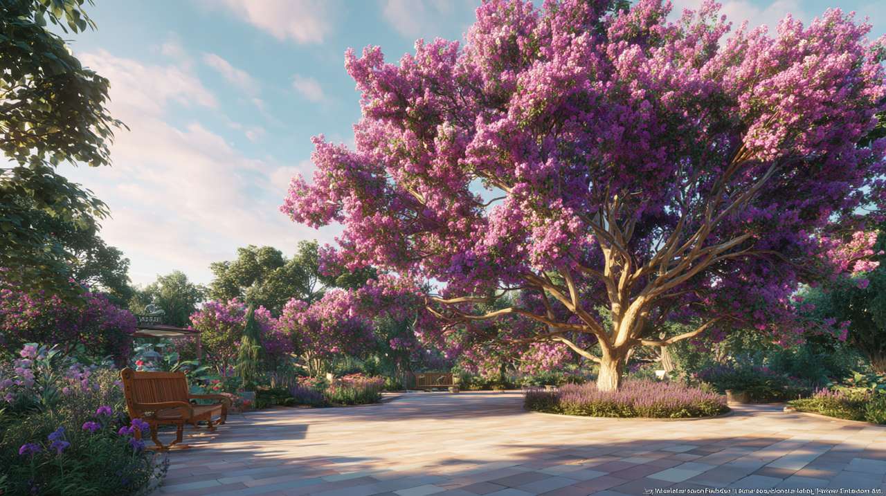 A serene garden scene with a flourishing Crape Myrtle tree, enhancing the environment.