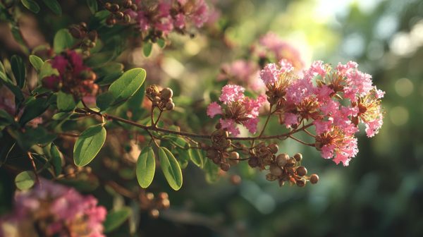 Close-up of a healthy Crape Myrtle branch with new blooms and green leaves, showing successful growth.