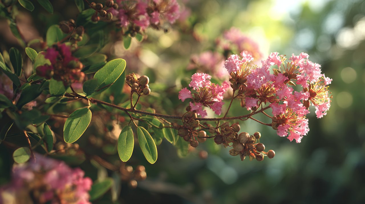 Close-up of a healthy Crape Myrtle branch with new blooms and green leaves, showing successful growth.