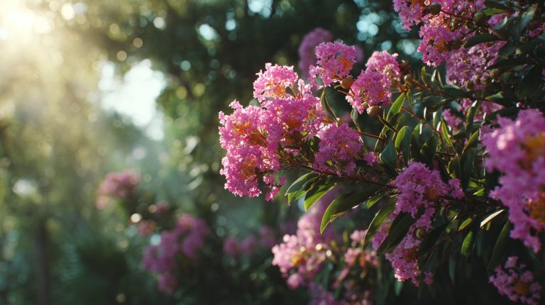 A vibrant Crape Myrtle tree in full bloom under bright summer sun.