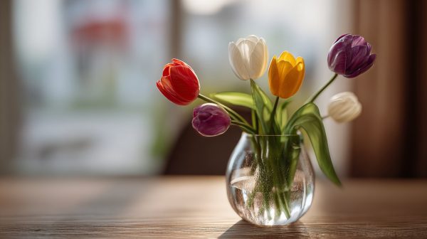 A casual arrangement of multicolored tulips in a vase.