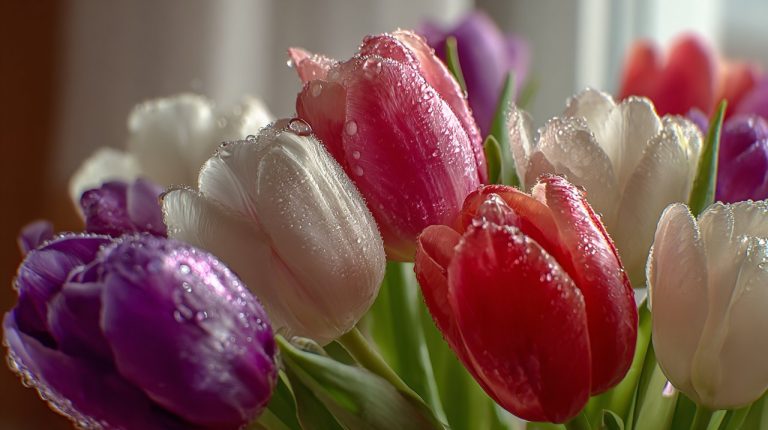 A beautiful bouquet of various colored tulips.