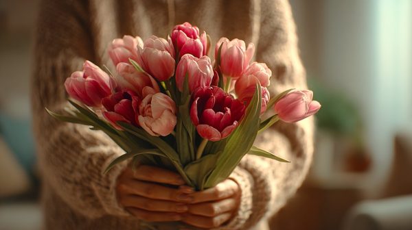 Hands gently holding a beautiful bouquet of pink and red tulips.