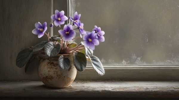 A potted violet plant on a windowsill.