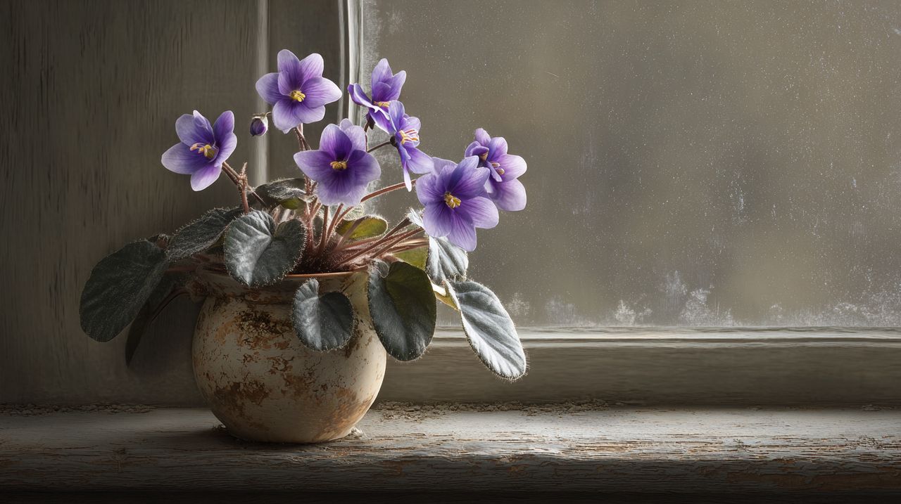 A potted violet plant on a windowsill.