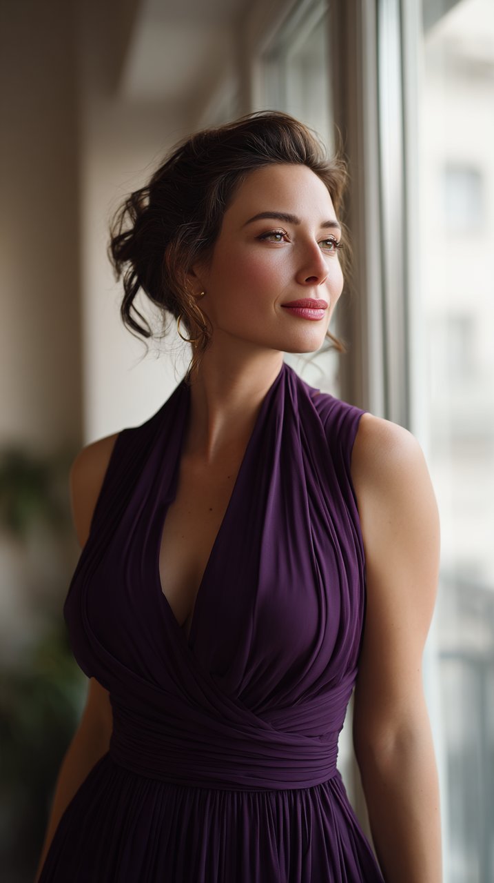 A woman confidently wearing a violet dress.