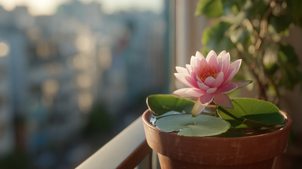 A serene water lily blooming in a pot on an urban balcony.