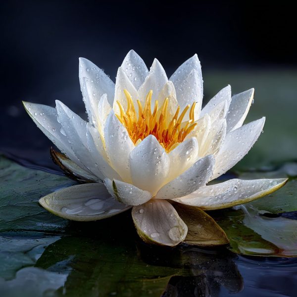 A pristine white water lily emerging from dark water.