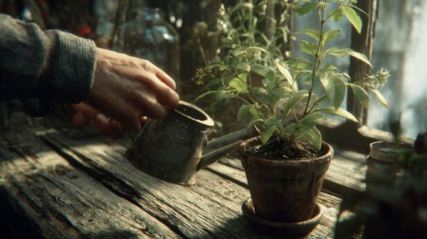 A couple's hands gently tending to a flourishing potted plant, symbolizing the nurturing of a relationship.
