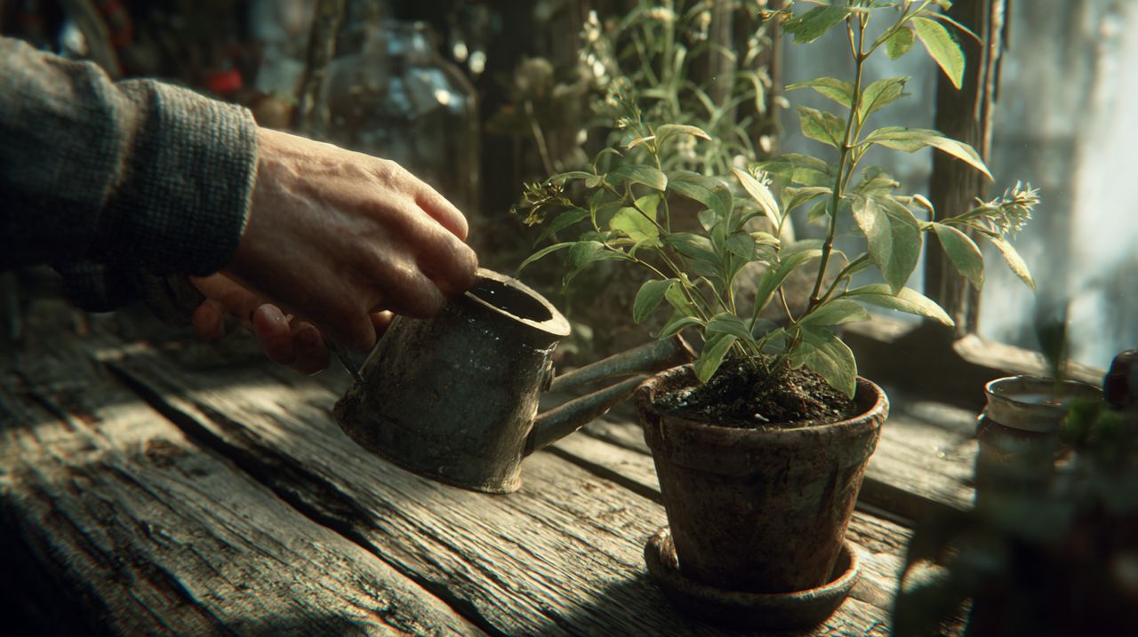A couple's hands gently tending to a flourishing potted plant, symbolizing the nurturing of a relationship.