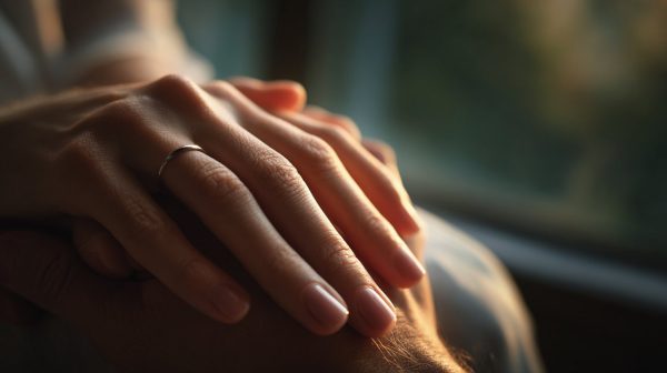 A close-up of a newlywed couple's hands intertwined, symbolizing commitment and gentle strength.