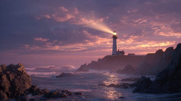 A warm, glowing lighthouse on a rocky coast at sunset, symbolizing guidance and a safe harbor in a relationship.