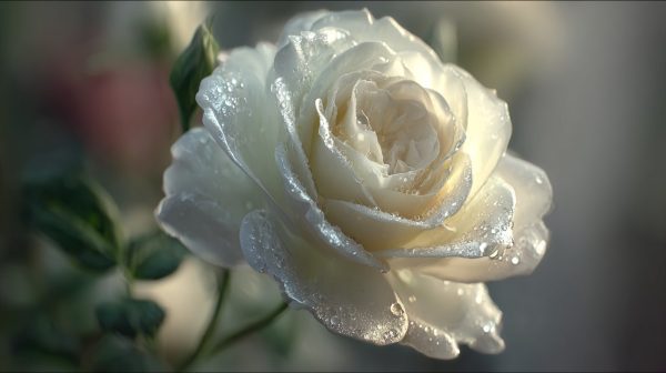 A delicate white rose with dew drops, symbolizing purity.