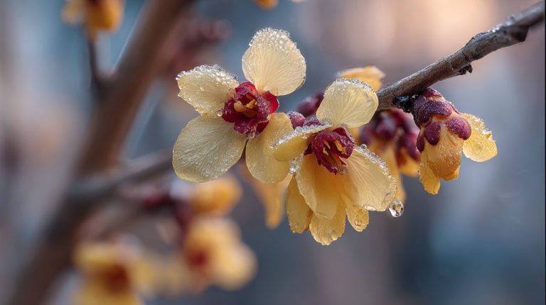 A close-up of a plum blossom branch blooming in winter.