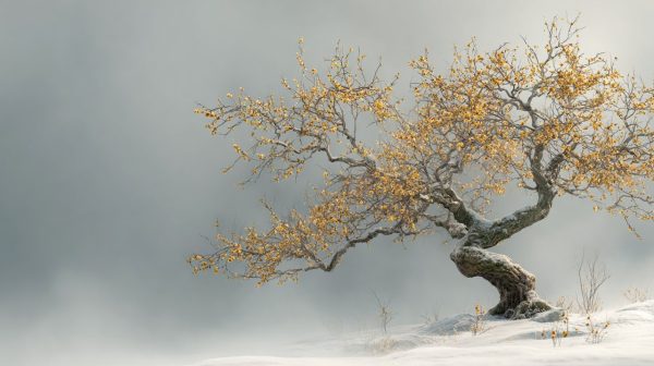A resilient plum blossom tree standing alone in a snowy landscape.