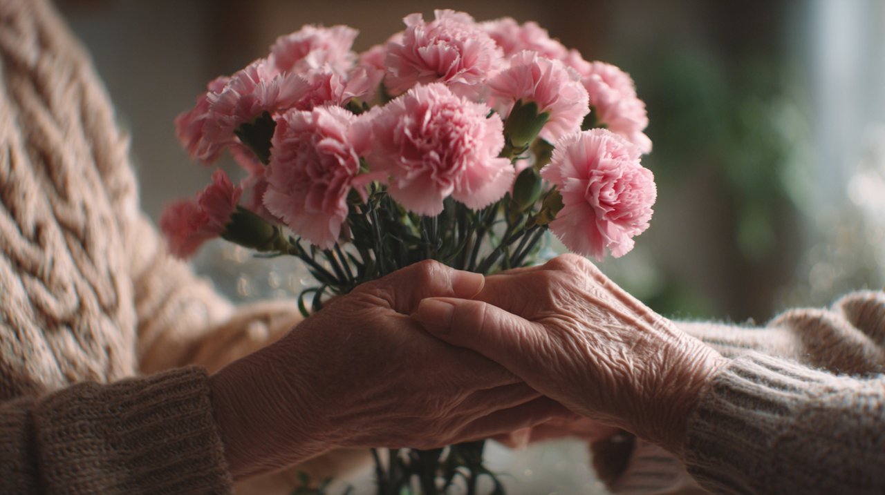 Hands exchanging a bouquet of pink carnations