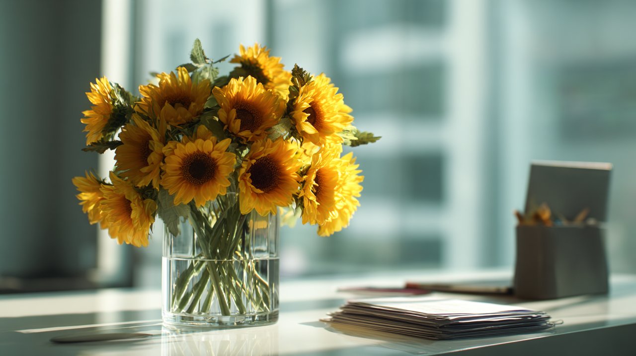 A bouquet of sunflowers on a modern office desk