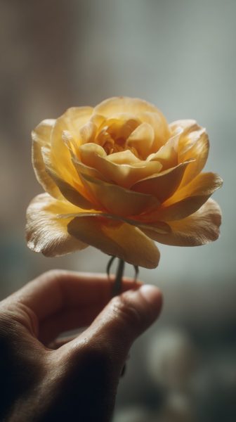 A hand gently holding a single yellow rose.