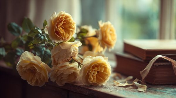 A small, aged bouquet of yellow roses on a wooden desk.