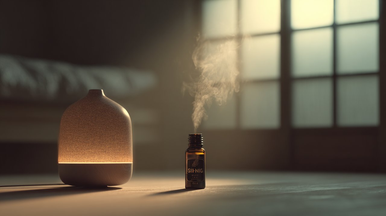 Ylang-Ylang essential oil bottle next to an aromatherapy diffuser in a serene setting.