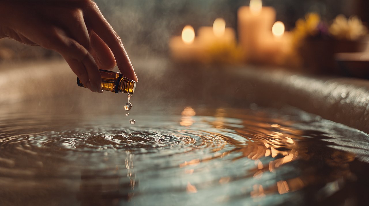 A hand adding Ylang-Ylang essential oil drops to a warm bath for relaxation.
