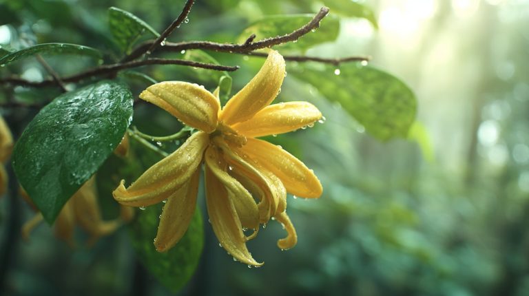 Close-up of a vibrant yellow Ylang-Ylang flower in a rainforest.