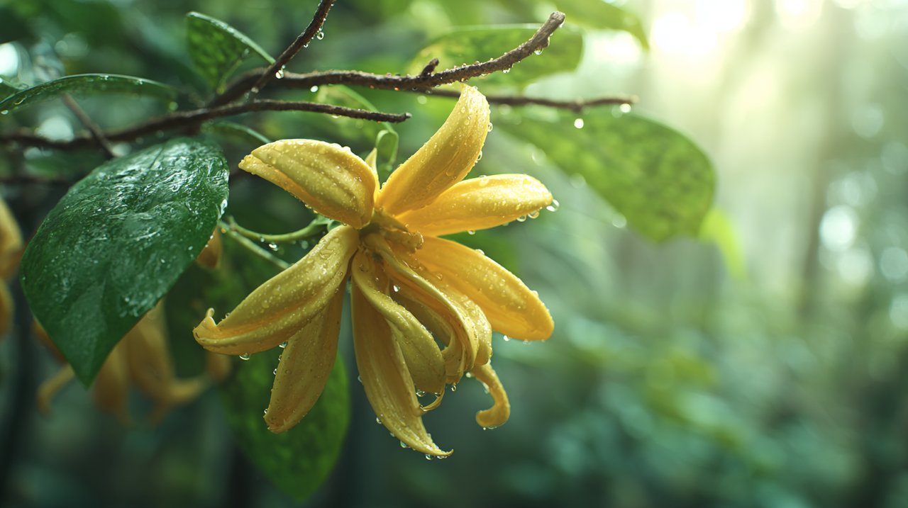 Close-up of a vibrant yellow Ylang-Ylang flower in a rainforest.